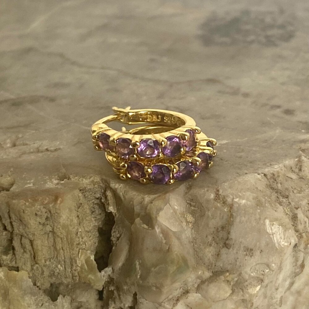 Gold Vermeil Sterling Silver 925 DBJ Round Amethyst Small Huggie Hoop Earrings - Picture 8 of 16